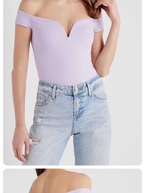 Express Lilac Off-Shoulder V-Notch Ribbed Bodysuit- NWT